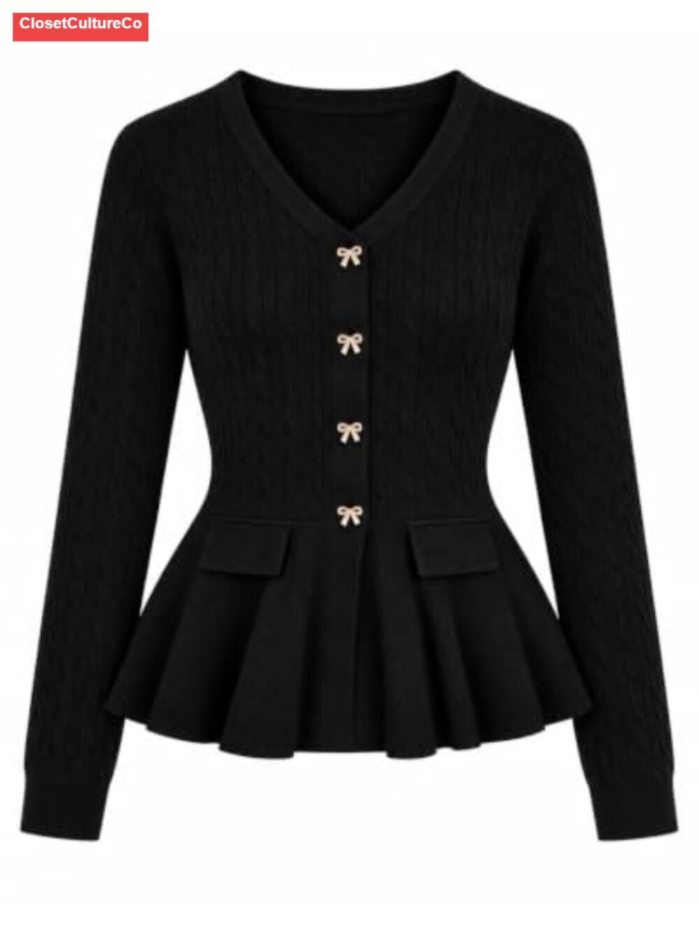 Cable Knit Peplum Cardigan Button Down V Neck Sweater